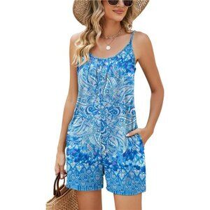 Womens Casual Summer Sleeveless Shorts Jumpsuits Blue Purple Floral
